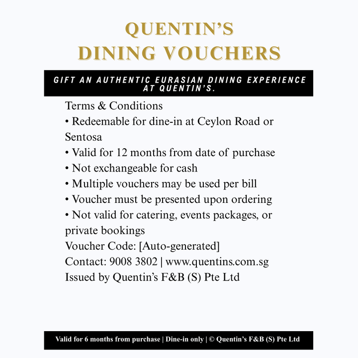 Quentin’s Dining Voucher – Redeemable at Ceylon Road or Sentosa