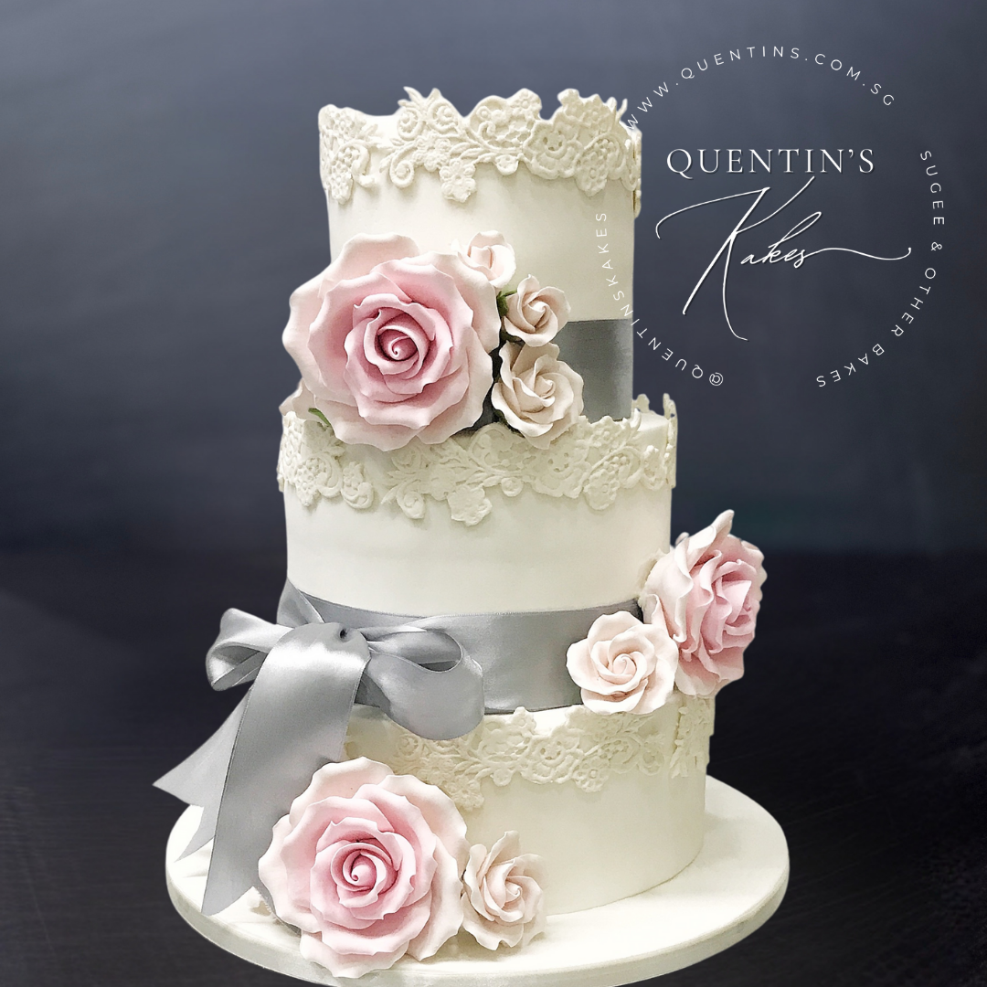 Elegant Lace &amp; Rose Tiered Cake