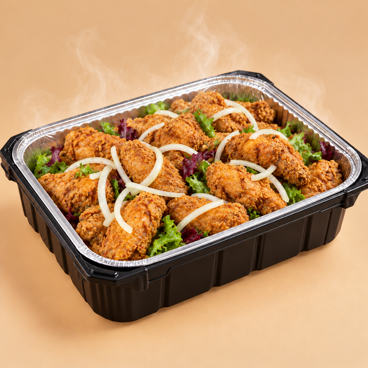 Quentin’s crispy fried chicken wings in a self-heating mini buffet tray