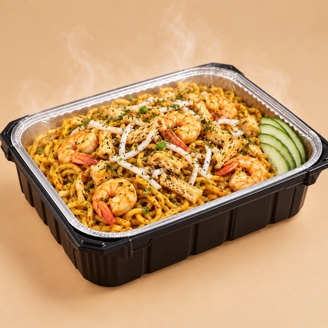 Quentin’s dry laksa with prawns and sliced cucumber in a self-heating mini buffet tray