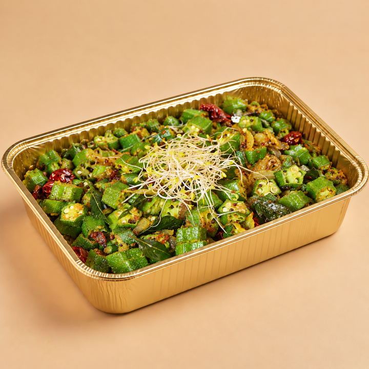Quentin’s fried okra in a gold mini buffet tray