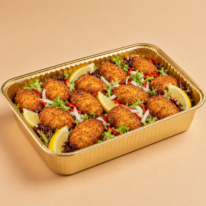 Quentin’s Pasteis de Bacalhau in a gold mini buffet tray